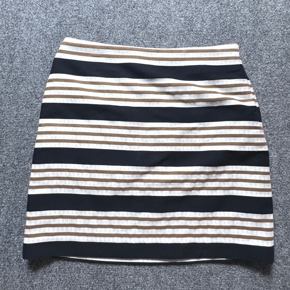 Loft Striped Mini Skirt Navy Blue White Brown Textured Cotton Blend Size 6